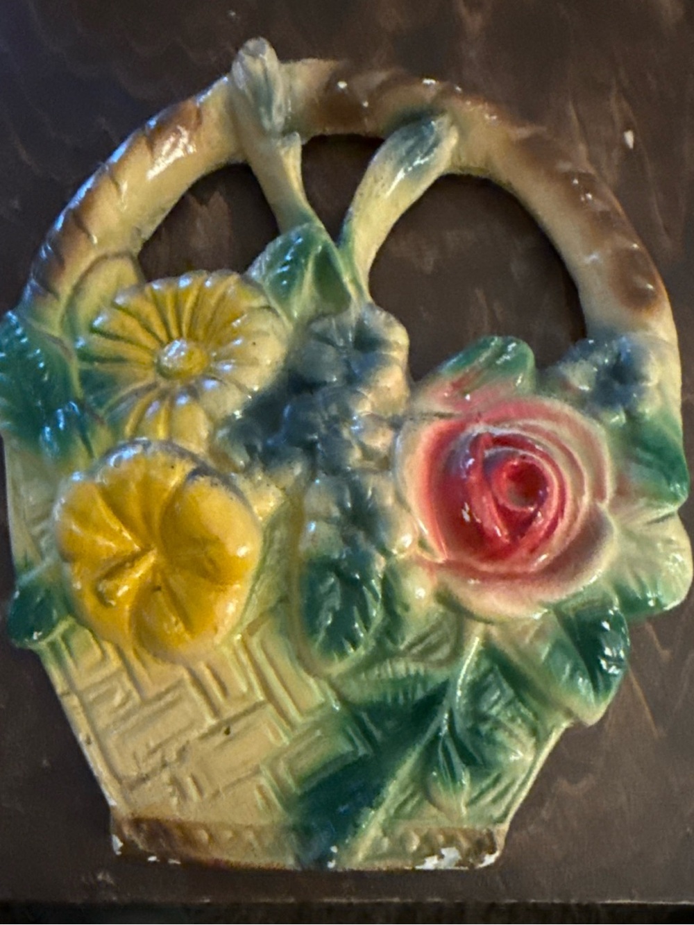 Hand-Painted Ceramic Flower Basket Wall Plaque - Pink & Yellow chalkware 1930
